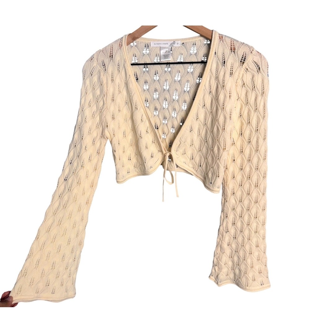 Altar'd State Cream‎ Pointelle Knit Boho Crop Cardigan Bell Sleeve Cottagecore
